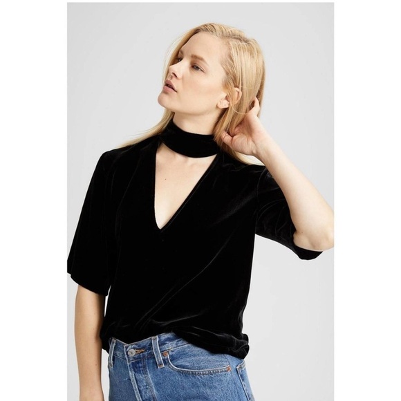 Theory X Revolve Slit Collar V-Neck Velvet Blouse - Picture 6 of 12